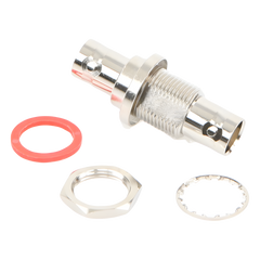 Adaptador Doble BNC Hembra para Chasis, Hermético y de Montaje en D-Plano, Níquel/ Oro/ Delrin.