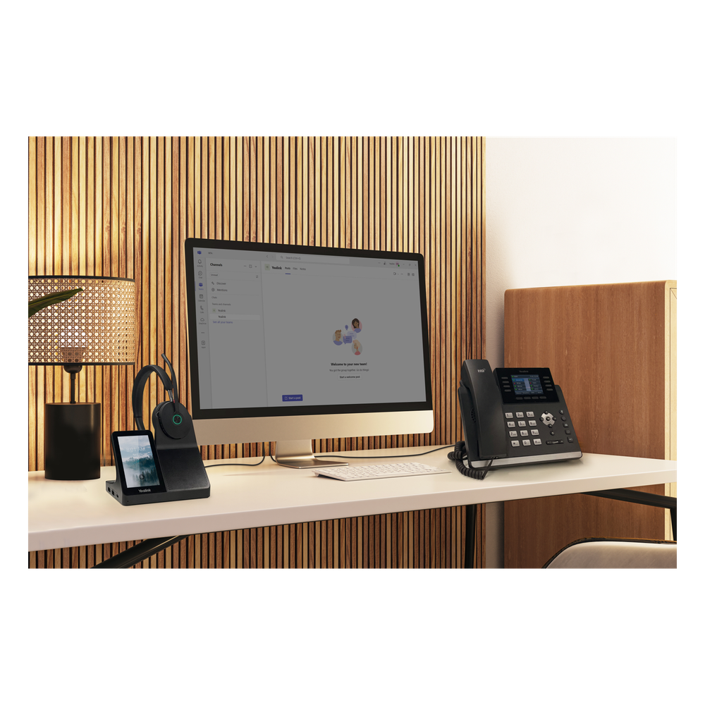 Auriculares estéreo Yealink WH68 para estaciones de trabajo edición MS/ Pantalla táctil de 4" Base DECT y auriculares con Bluetooth integrado/ Cancelación activa de ruido/ Triple conexión/ Hub USB