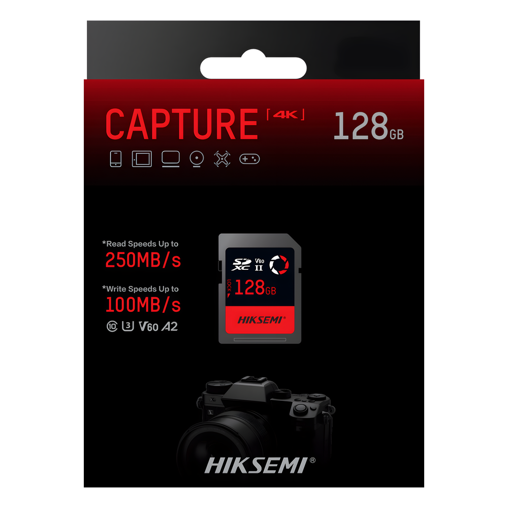 Memoria SD / 128 GB / 250 MB/s Lectura / 180 MB/s Escritura / V60 U3 / Para Fotografía Profesional 4K / HIKSEMI CAPTURE E60