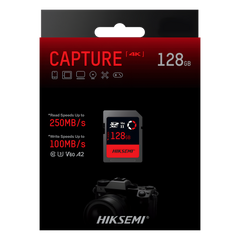 Memoria SD / 128 GB / 250 MB/s Lectura / 180 MB/s Escritura / V60 U3 / Para Fotografía Profesional 4K / HIKSEMI CAPTURE E60