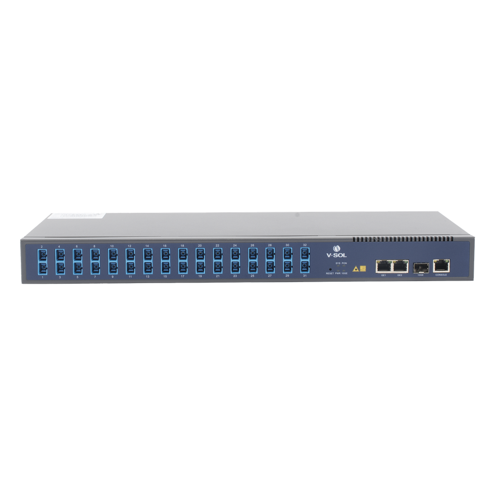 OLT de 1 GPON puerto con Splitter de 1 a 32 SC/UPC Incluido  + 3 puertos Uplink (2 puertos Gigabit Ethernet + 1 puerto SFP/SFP+) , hasta 128 ONUS