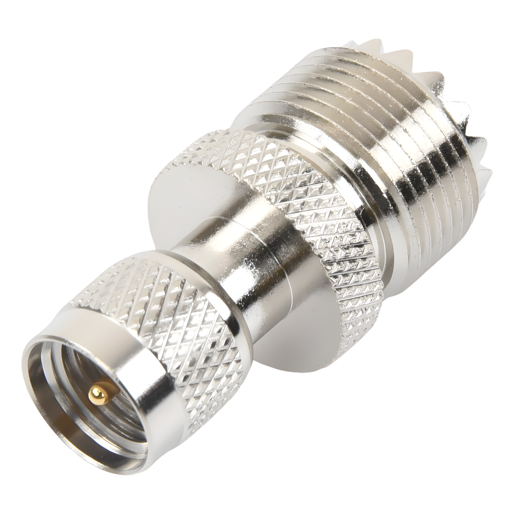 Adaptador en Línea de Conector Mini UHF Macho a UHF Hembra (SO-239), Níquel/ Oro/ Teflón.