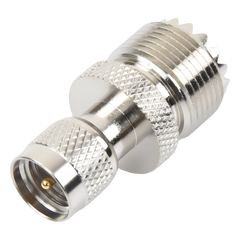 Adaptador en Línea de Conector Mini UHF Macho a UHF Hembra (SO-239), Níquel/ Oro/ Teflón.