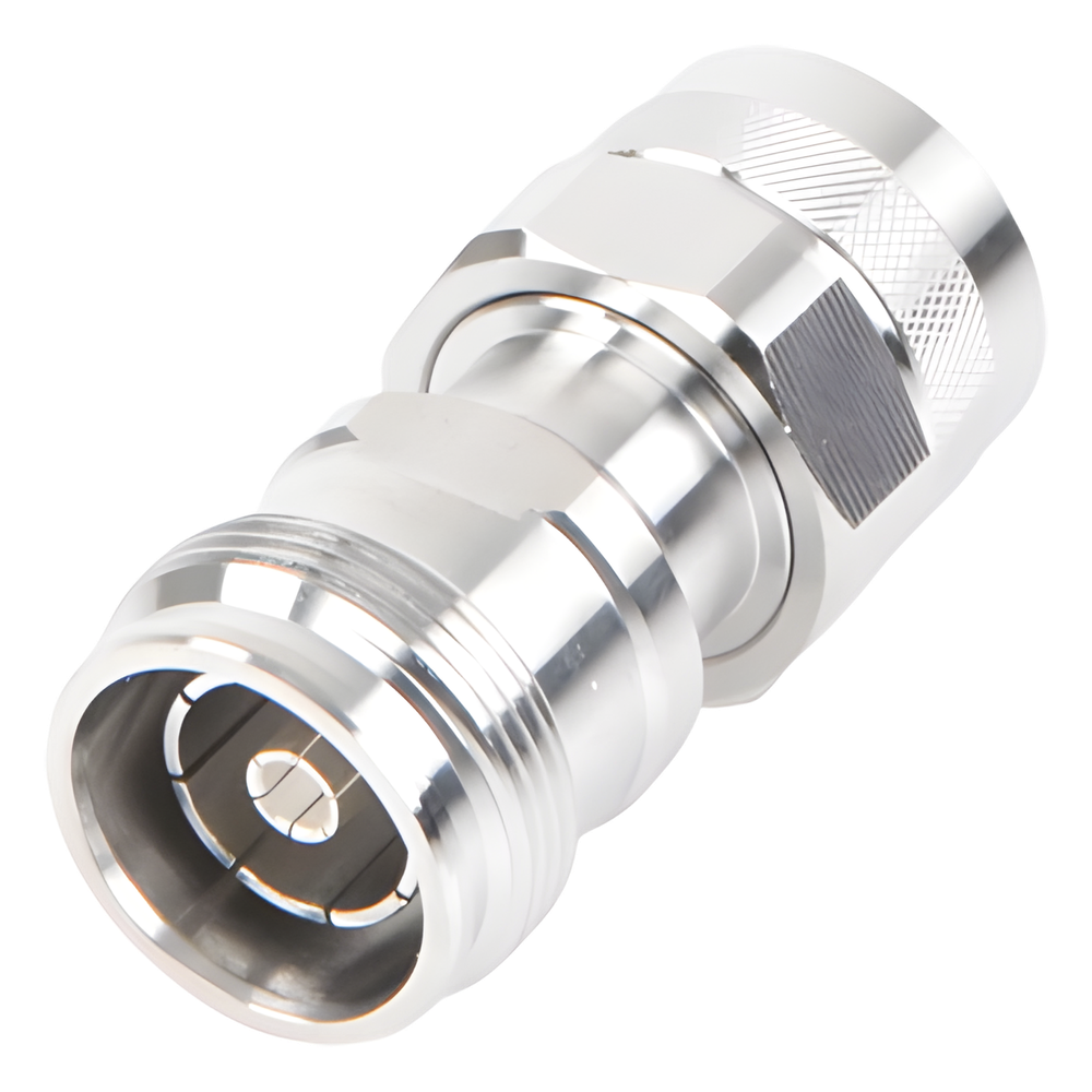 Adaptador en Línea de Conector 4.3-10 Hembra a N Macho, Bronce Blanco/ Plata/ Teflón.