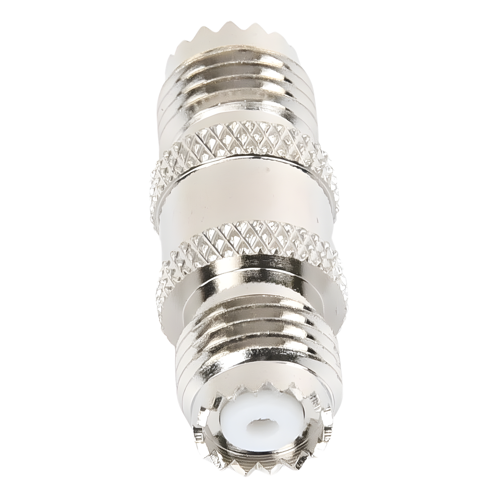 Adaptador Barril en Línea, de Conector Mini-UHF Hembra a Mini-UHF Hembra, Níquel/ Oro/ Teflón.