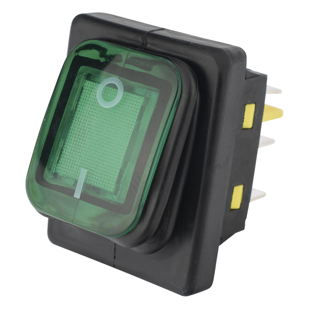 Interruptor tipo Switch con Led Color Verde / IP65 / Diseño Industrial / NO, COM, NC / Terminales tipo F1