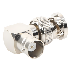Adaptador en Ángulo Recto, de Conector BNC Macho a BNC Hembra, 50 Ohm (Monitor), Níquel/ Plata/ Teflón.