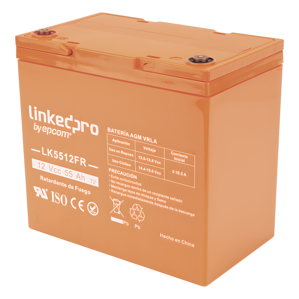 Batería de respaldo  12 V | 55 Ah | AGM | Certificada UL94-V0 Retardante a la Flama | Especial para Seguridad Electrónica | UPS  | Sistemas de emergencia | Vida útil 5 años | Terminales T2