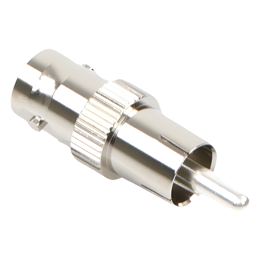 Adaptador de BNC Hembra a RCA Macho en 50 Ohm para Fono, uso en Aplicaciones de Audio-Video, Níquel/ Plata/ Delrin.