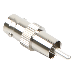 Adaptador de BNC Hembra a RCA Macho en 50 Ohm para Fono, uso en Aplicaciones de Audio-Video, Níquel/ Plata/ Delrin.