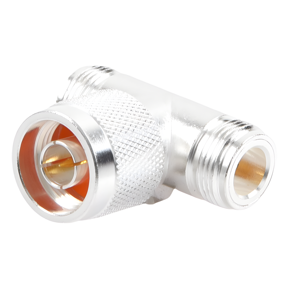 Adaptador en T, de Conector N Macho a Doble N Hembra, Plata/ Oro/ Teflón.