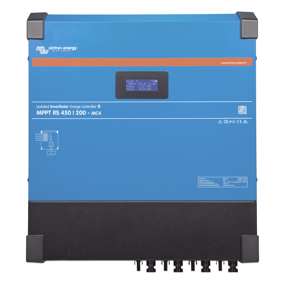 SmartSolar MPPT RS 450/100-MC4. Controlador Solar MPPT 100A, Voltaje: 48 Vcc. Para uso con Inv. Cargadores Victron