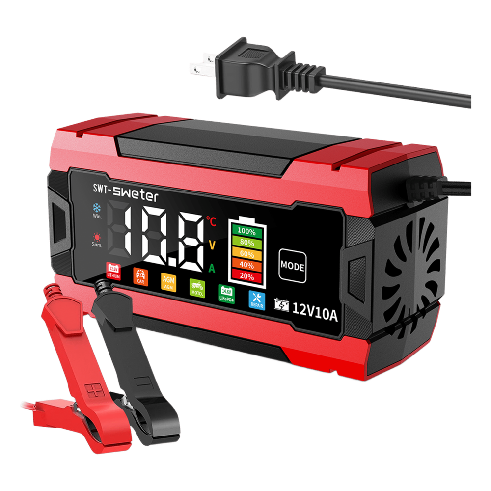 Cargador Inteligente Automático 3 Etapas / 12V 10A / Para Motocicleta, Auto, ATV / Baterías AGM, GEL, SLA, WET, DEEP CYCLE, Litio 12.6V, LiFePO4 14.6V / LCD / Protección Inversa Polaridad