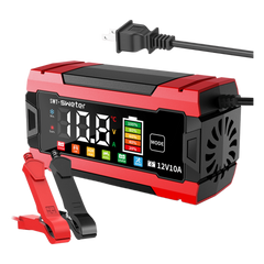Cargador Inteligente Automático 3 Etapas / 12V 10A / Para Motocicleta, Auto, ATV / Baterías AGM, GEL, SLA, WET, DEEP CYCLE, Litio 12.6V, LiFePO4 14.6V / LCD / Protección Inversa Polaridad