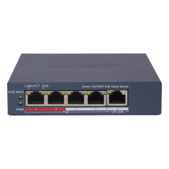 Switch PoE+ / Monitoreable / 4 Puertos 10/100 Mbps PoE+ / 1 Puerto 10/100 Mbps Uplink / Configuración Nube Hik-PartnerPro / Modo Extendido hasta 300 Metros /  45 W