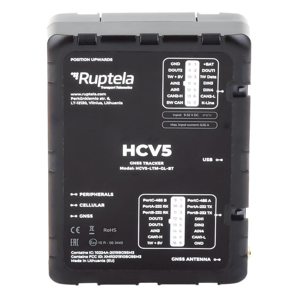 Localizador y Rastreador Vehicular GPS Avanzado / LTE Cat M1 (4G), 3G y 2G / Lectura de Computadora de Viaje en Vehículos Compatibles / CAN FMS, J1708 y J1939 / Sensores Bluetooth BLE 5.1 / RS232 y RS485 / Entradas Analógicas y RFID / Vehículos Ligeros
