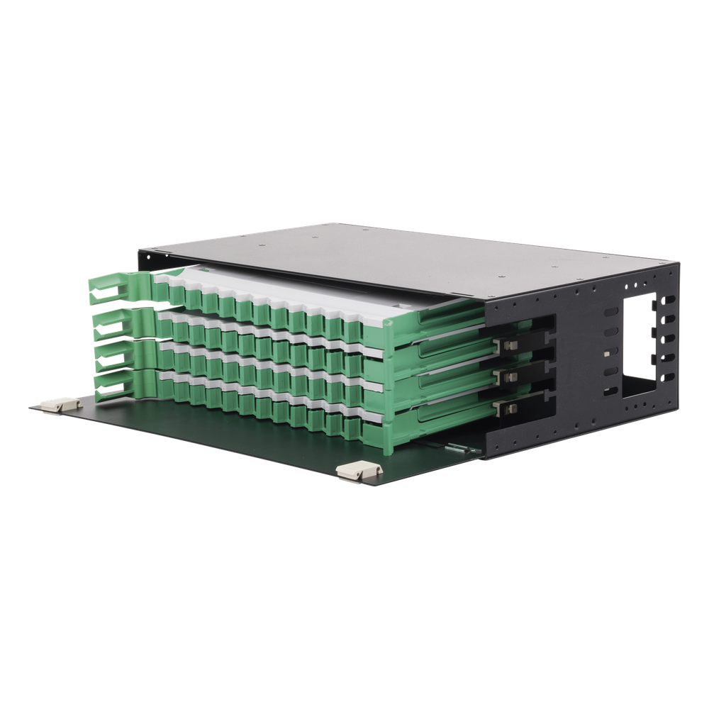 Distribuidor de Fibra Óptica con Bandejas Deslizables, Vacío, 19 Pulgadas (48.26 cm), Acepta 48 Adaptadores LC Duplex o LC Simplex o 48 SC Simplex, 3U