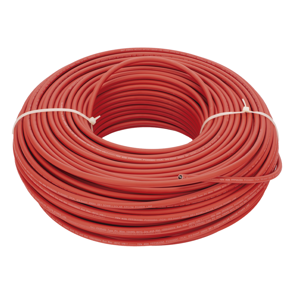 Cable Fotovoltaico Rojo / Cobre Estañado / 6 mm² (10 AWG) / 2000V / Rollo 100m / UL 4703 y TUV