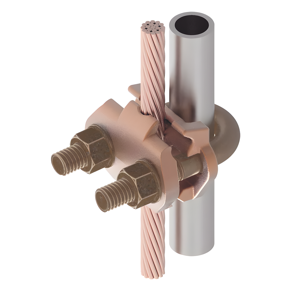 Conector Mecánico para Cable Calibre 4 a 2/0 AWG / Paralelo o 90° a Tubo de 3/8" o Varilla de 5/8" - 3/4".