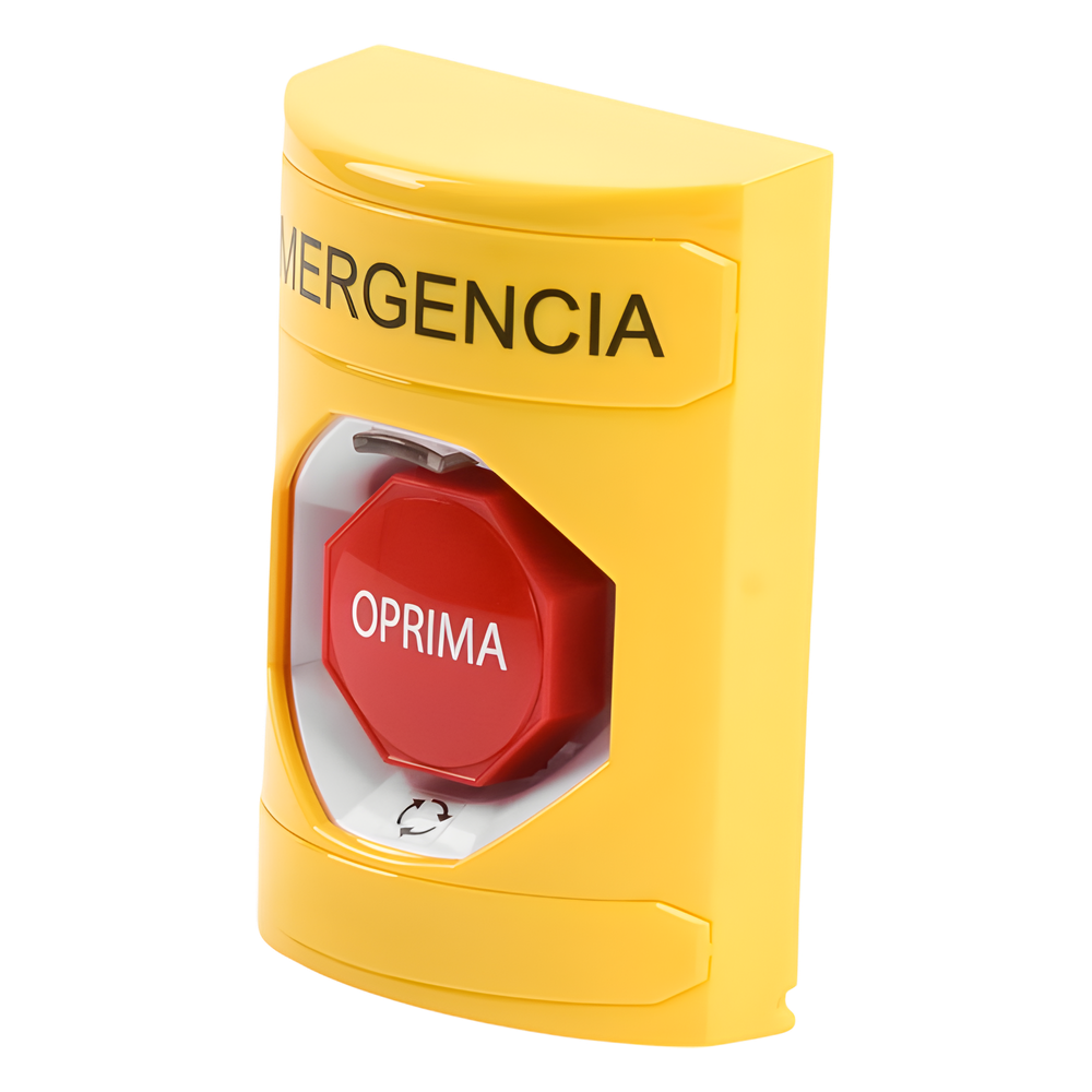 Botón de Emergencia en Español, Color Amarillo, Acción Mantenida, Girar para Restablecer y LED Multicolor