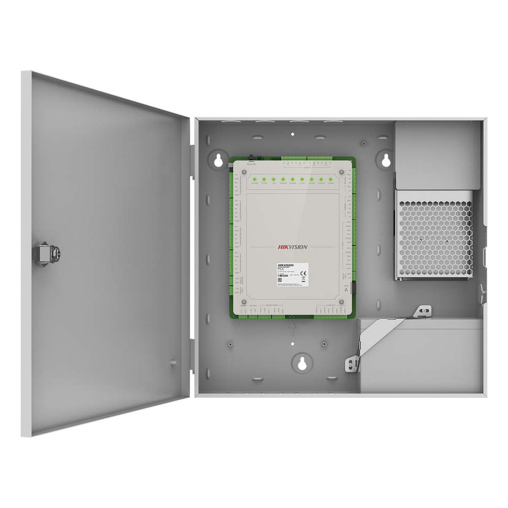 Controlador de Acceso 4 Puertas Administrable en la Nube con Hik-Connect Teams / Interfaz Web / 8 Lectores de Huella o Tarjeta / 100,000 Tarjetas / 10,000 Huellas / Incluye Gabinete y Fuente de Alimentación 12Vcd 8 A / Soporta Batería de Res