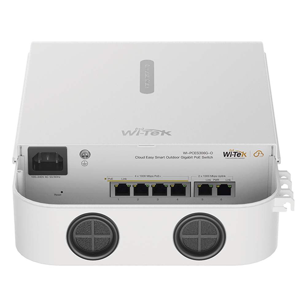 Switch PoE para exterior / Administración en la nube / Con 4 puertos 10/100 Mbps PoE af/at / 2 Puertos Uplink 10/100 MBPS /  Presupuesto 60 W / PoE hasta 250 metros / Soporta protocolo ONVIF