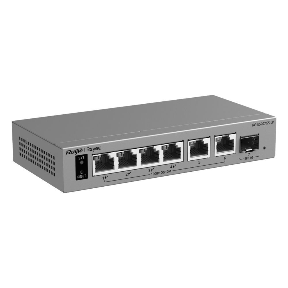 Switch Gigabit Smart Cloud Managed PoE+ / 7 Puertos (4 PoE+ 40 W) / 1 SFP Gigabit / Capa 2 / Gestión Cloud / Modo CCTV / Protección 6 kV / Fanless / Gabinete Metálico