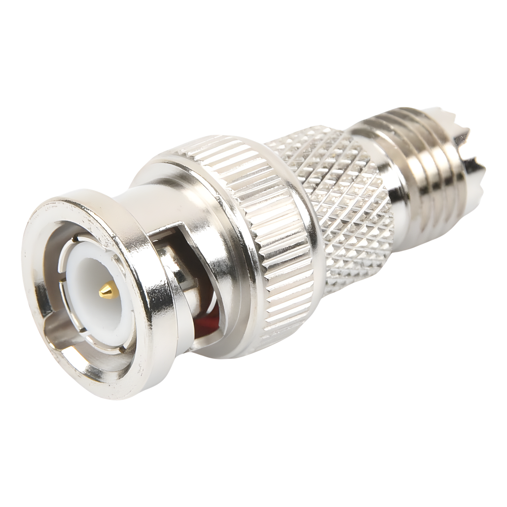 Adaptador en Línea de Conector Mini-UHF Hembra a BNC Macho, Níquel/ Oro/ Teflón.