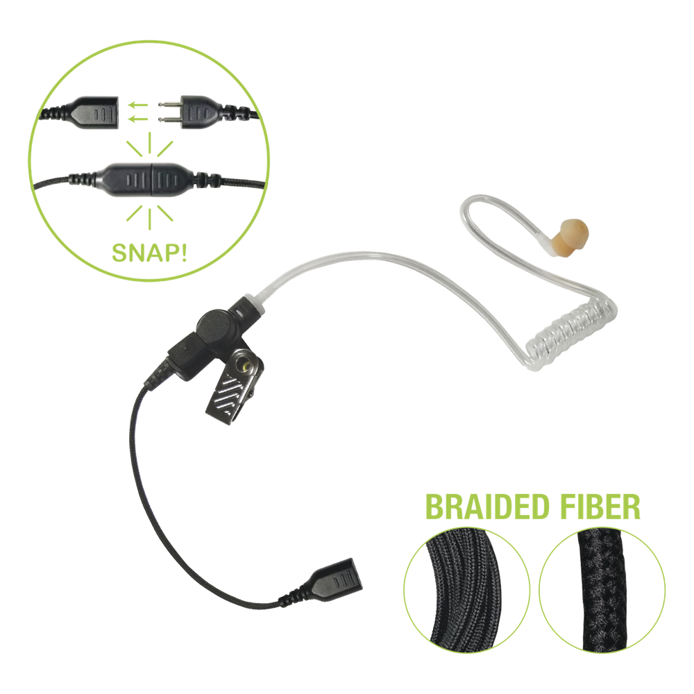 Auricular de tubo acústico transparente con cable de fibra tranzada con conector SNAP tipo MIRAGE. Requiere micrófono de solapa de 1 o 2 hilos de la Serie SNAP.