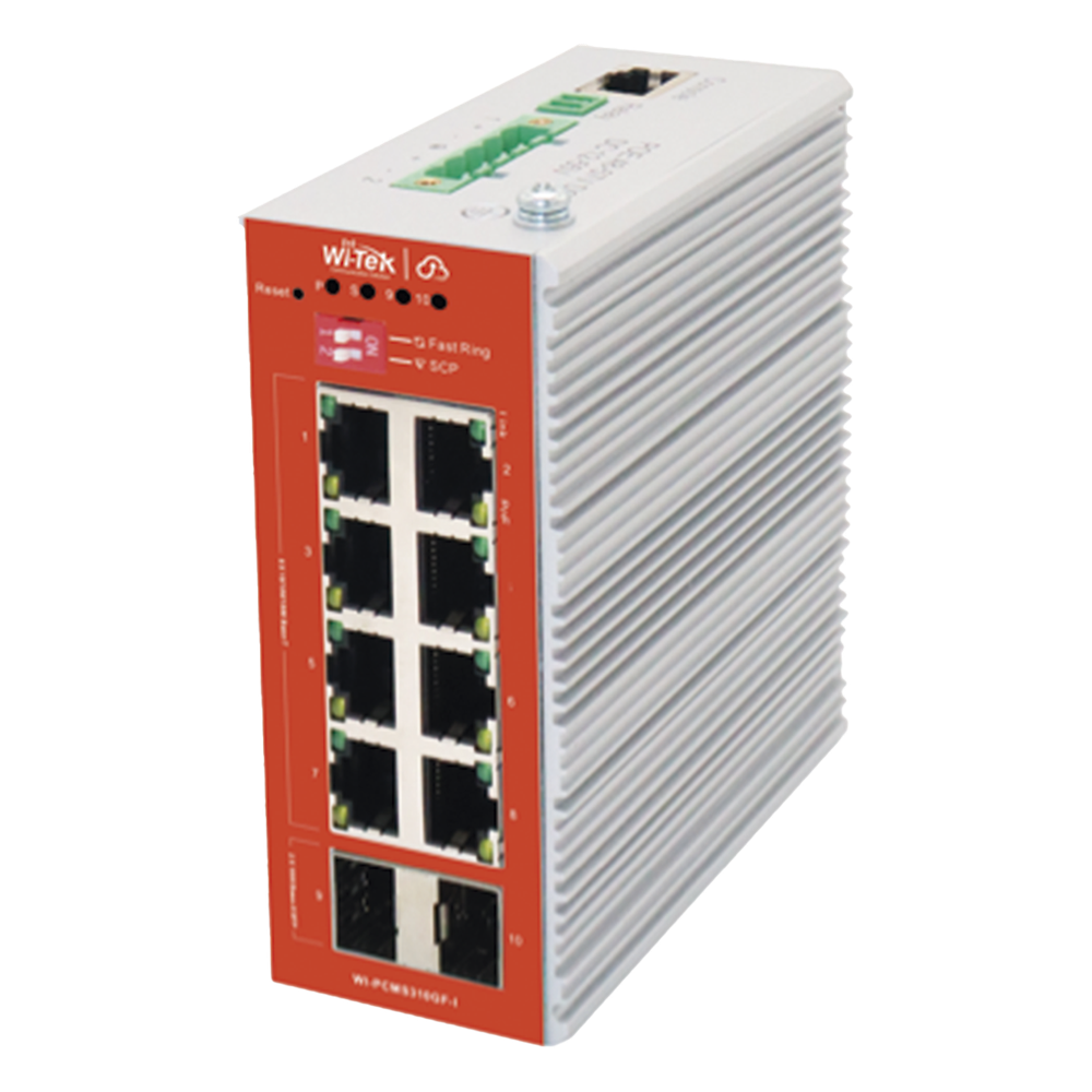 Switch L2+ PoE Industrial / Administración Cloud-Web-CLI / 8 Puertos PoE af/at 100/1000 Mbps / 2 Puertos SFP Gigabit / Presupuesto PoE 120 W / Protocolo ERPS (redundancia enlaces)