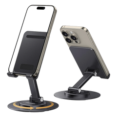 Soporte para Teléfono Celular Giratorio | 360° de Rotación | Angulo Ajustable | Altura Ajustable 17-20cm  | Antideslizante | Ejes Giratorios de Alta Precisión| Plegable | Aluminio | Color Gris