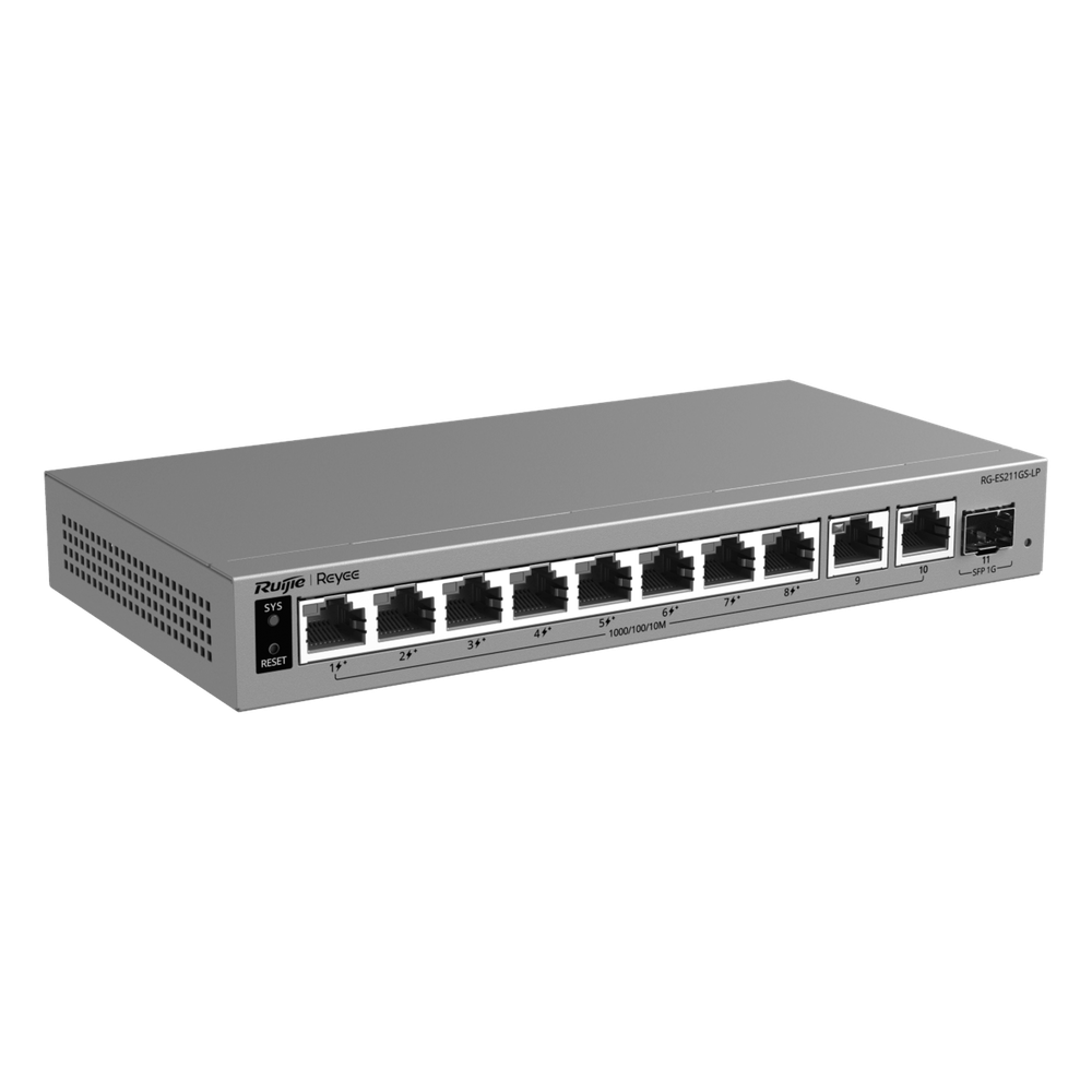 Switch Layer 2 Smart Cloud-Managed / 11 Puertos Gigabit / 8 Puertos PoE+ IEEE 802.3af/at 70 W / 1 Puerto SFP Uplink / Protección 6 kV / Gabinete Metálico Fanless / Gestión Cloud de por Vida / Modo CCTV de Un Clic