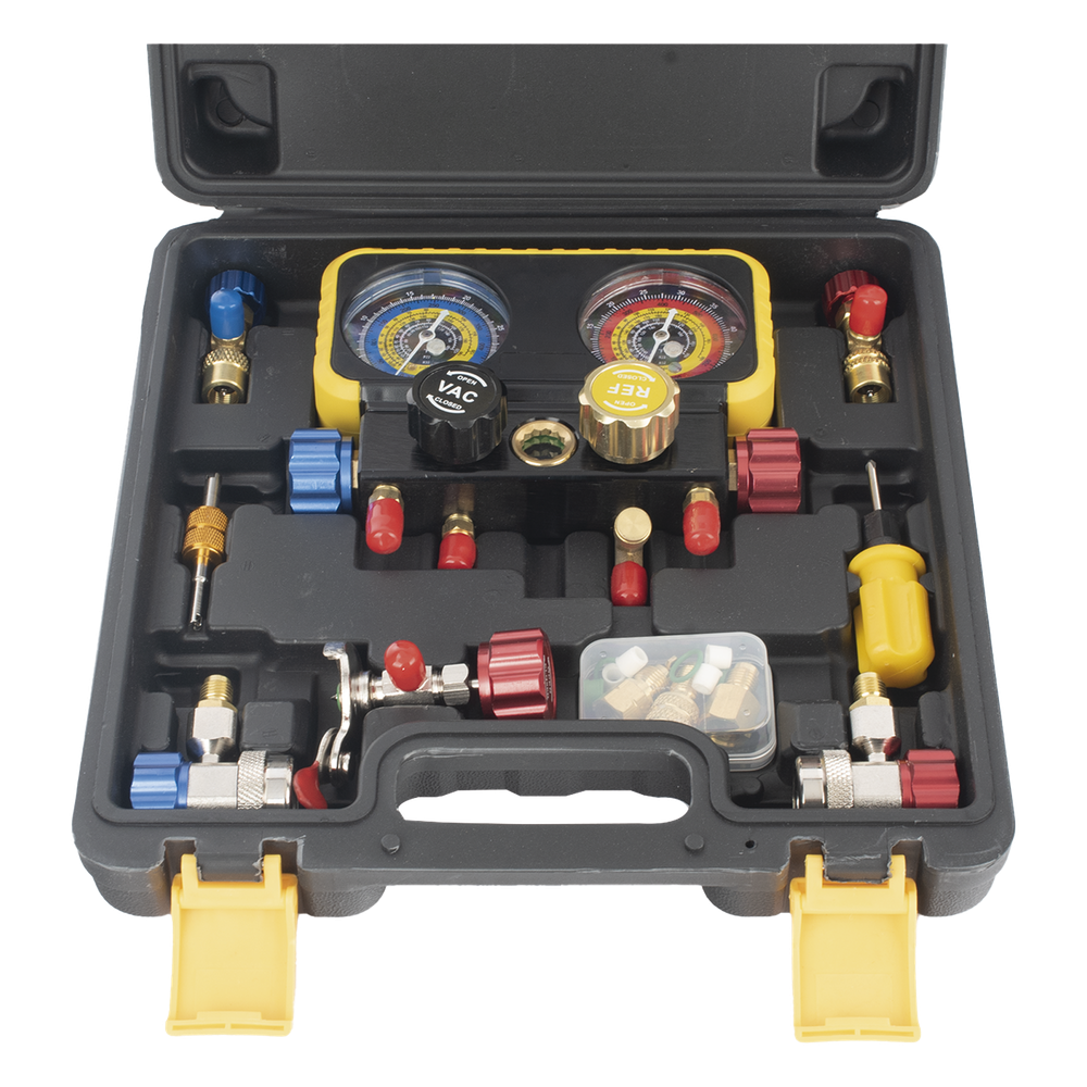 Manómetro de 4 vías con Accesorios para Gas refrigerante  R410A/ R32/ R134A/R22
