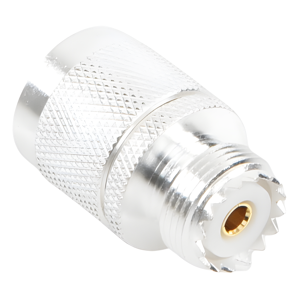 Adaptador en Línea, de Conector N Macho a UHF Hembra (SO-239), Plata/ Oro/ Teflón.