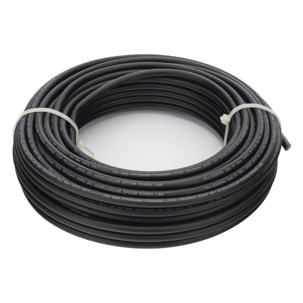 Cable Fotovoltaico Negro / Cobre Estañado / 6 mm² (10 AWG) / 2000V / Rollo de 25 m / / UL 4703 y TUV