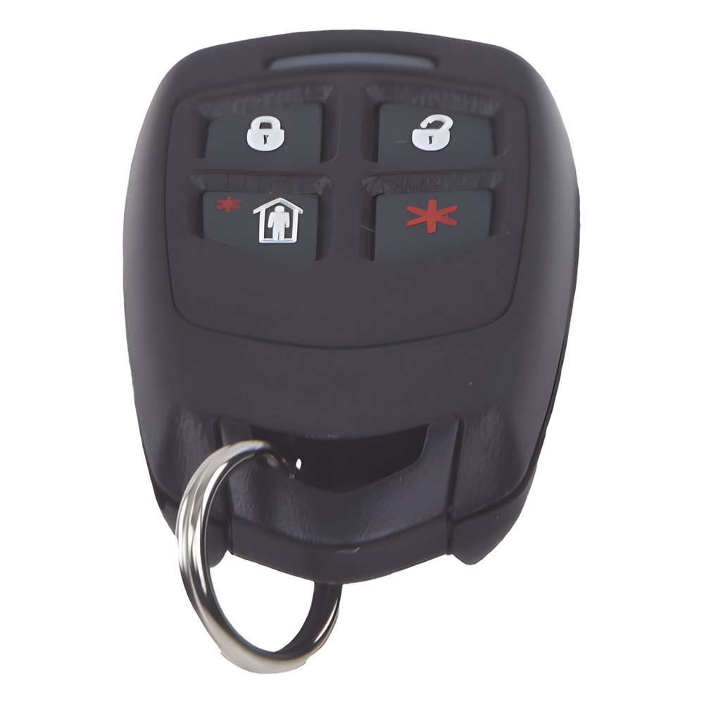 Control remoto inalámbrico tipo llavero de 4 botones con funciones programables para sistemas de alarma
