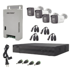 Kit HiLook Audio Bidireccional TurboHD 1080p / DVR Metalico 4 Canales / 4 Cámaras Bala (Exterior) con Bocina y Micrófono Integrado / 1 Fuente de Poder / Accesorios