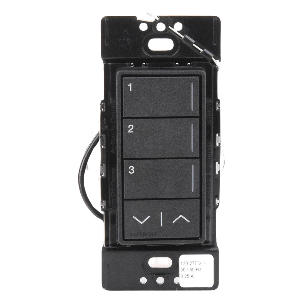 Teclado de escenas Sunnata de 3 botones con funciones de subir y bajar, comunicación inalámbrica Clear Connect, 120-277 V, satinado color Medianoche, para sistema RadioRA 3