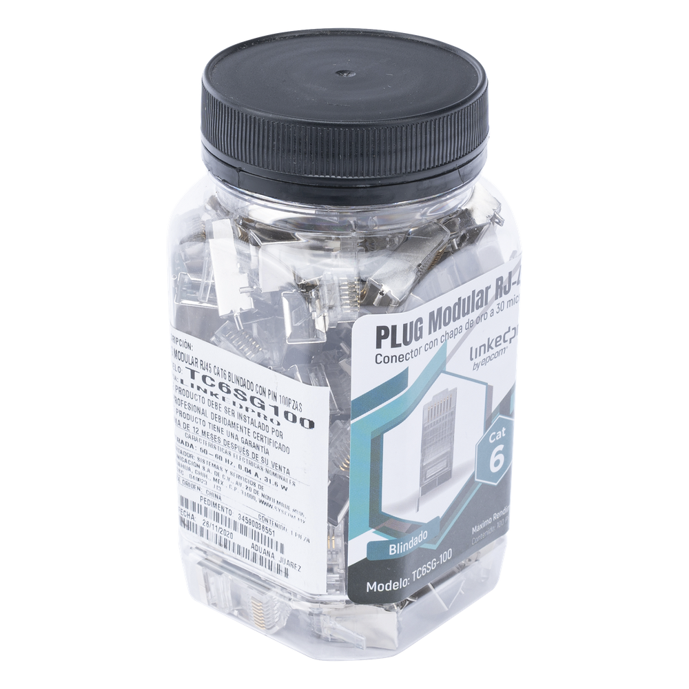 Bote con 100 Piezas de Plug Modular RJ45 Cat6 Blindado con Pin de Tierra, Chapado de Oro a 30 Micras para Durabilidad Extrema