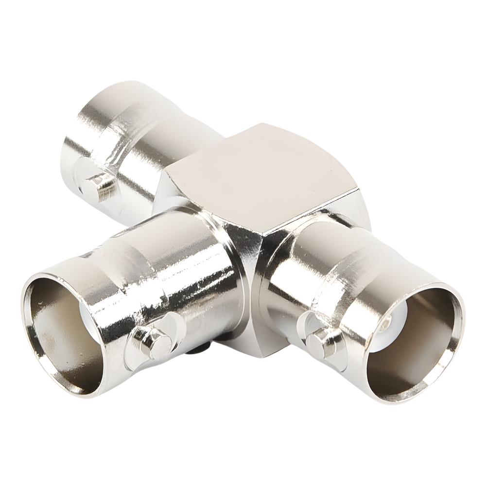 Adaptador Triple en T para 50 Ohm de BNC Hembra a Doble BNC Hembras, Níquel/ Plata/ Teflón.