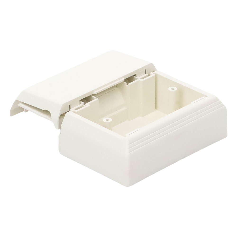 Caja Superficial Con Bisagras de Instalación a Presión, Para Canaletas T45, Material PVC Rígido, Color Blanco Mate
