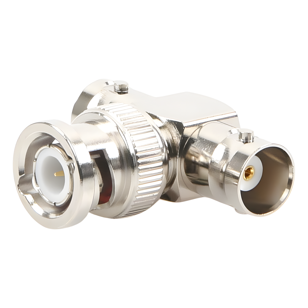 Adaptador en T para 50 Ohm de BNC Macho a Doble BNC Hembra, Maquinado, Níquel/ Oro/ Teflón.