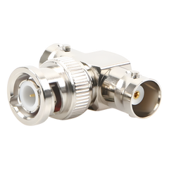 Adaptador en T para 50 Ohm de BNC Macho a Doble BNC Hembra, Maquinado, Níquel/ Oro/ Teflón.