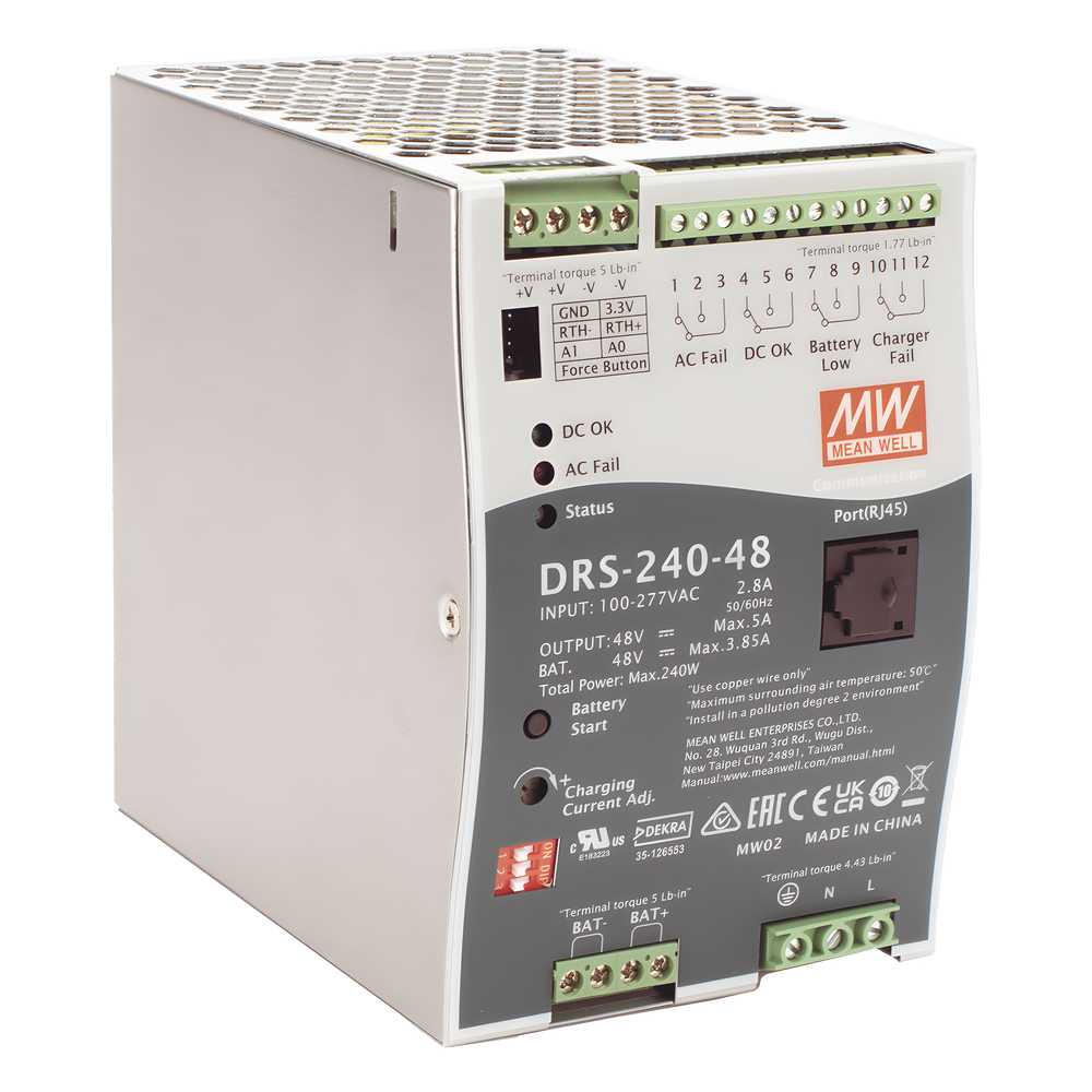 Fuente de Poder Industrial de 240W con Cargador de Baterías, salida 48Vcc, 5A, para montaje Riel Din