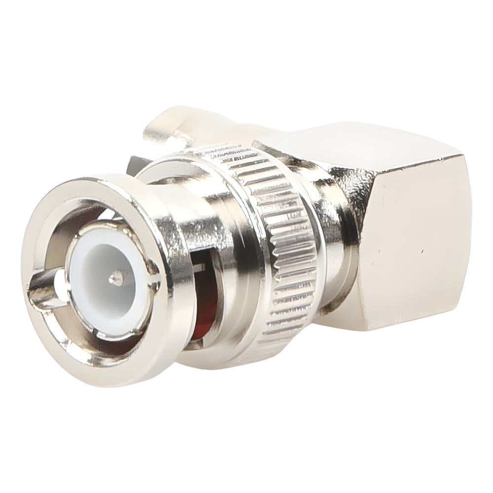 Adaptador en Ángulo Recto, de Conector BNC Macho a BNC Hembra, 50 Ohm (Monitor), Níquel/ Plata/ Teflón.