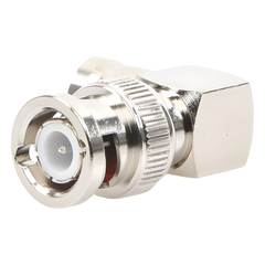 Adaptador en Ángulo Recto, de Conector BNC Macho a BNC Hembra, 50 Ohm (Monitor), Níquel/ Plata/ Teflón.