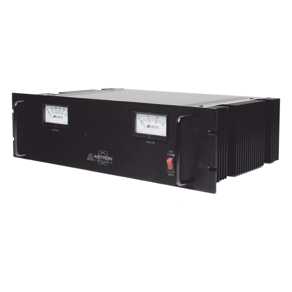 Fuente de poder 13.8Vcc, 50A, lineal regulada con circuito cargador de baterías, medidores, para instalación en rack