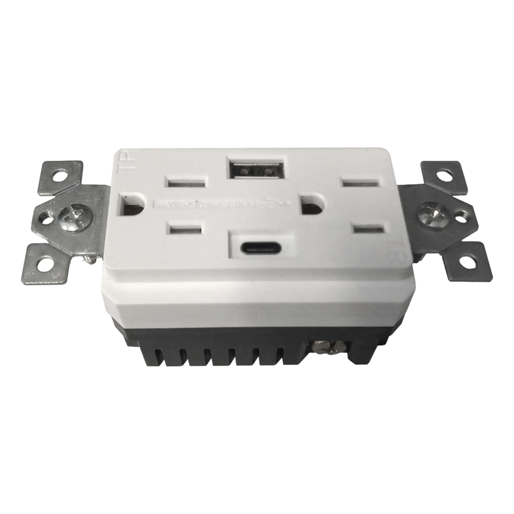 Contacto Dúplex con puertos USB Tipo A y C, 15 A, 100 - 240 V, USB 5 V, Incluye la Placa.