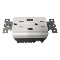 Contacto Dúplex con puertos USB Tipo A y C, 15 A, 100 - 240 V, USB 5 V, Incluye la Placa.