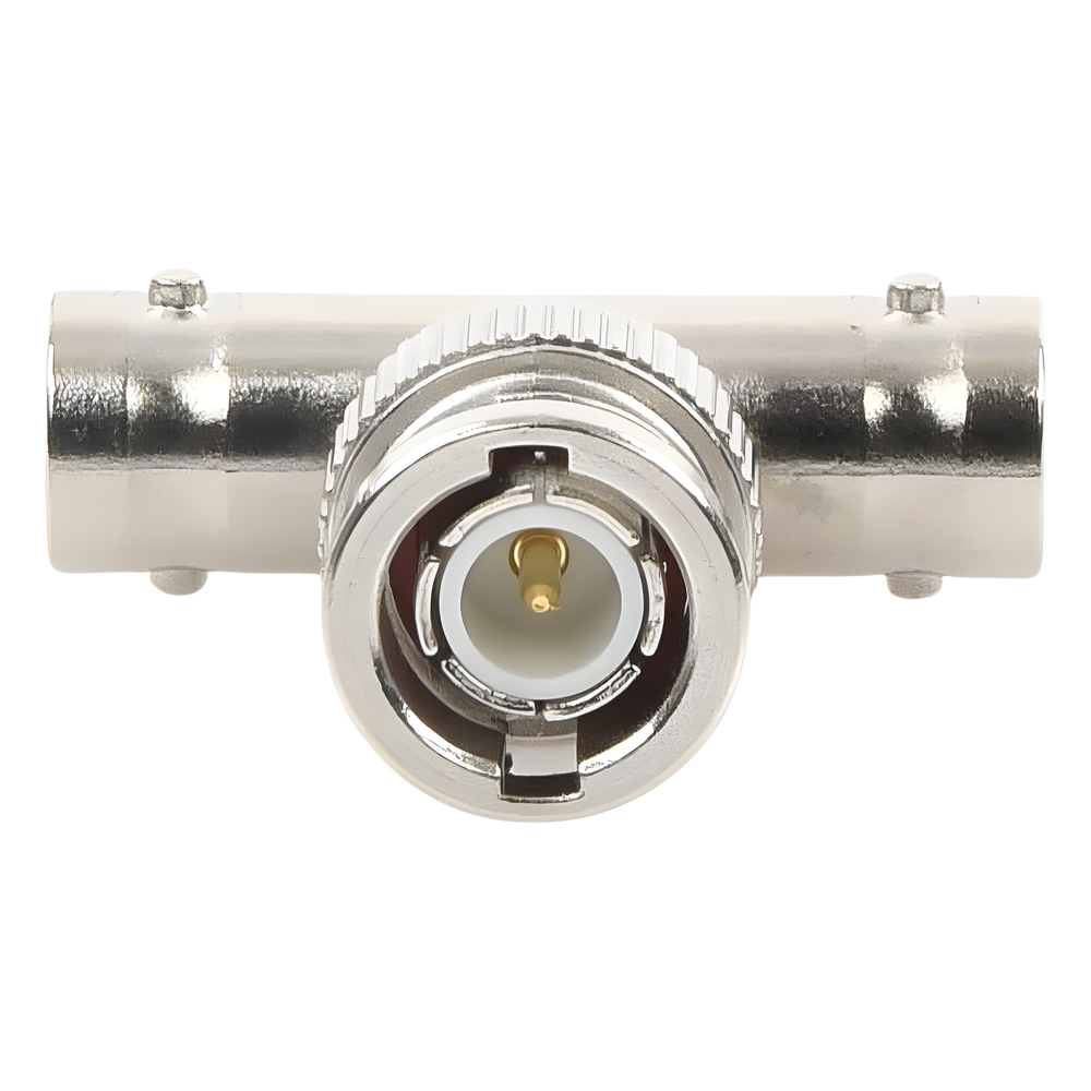 Adaptador en T para 50 Ohm de BNC Macho a Doble BNC Hembra, Troquelado, Níquel/ Oro/ Delrin.